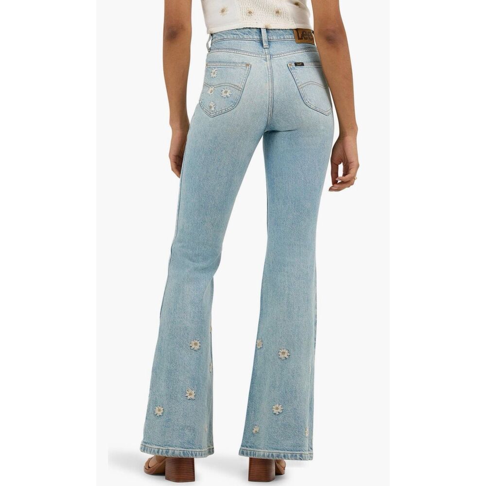 Lee Size 30 Embroidered Wide Flare Leg Jeans Daisy Boho Denim Free People - Picture 8 of 14